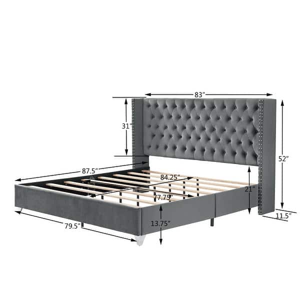 Wood Slat Support Platform Bed Frame with Metal Support Feet Tufted