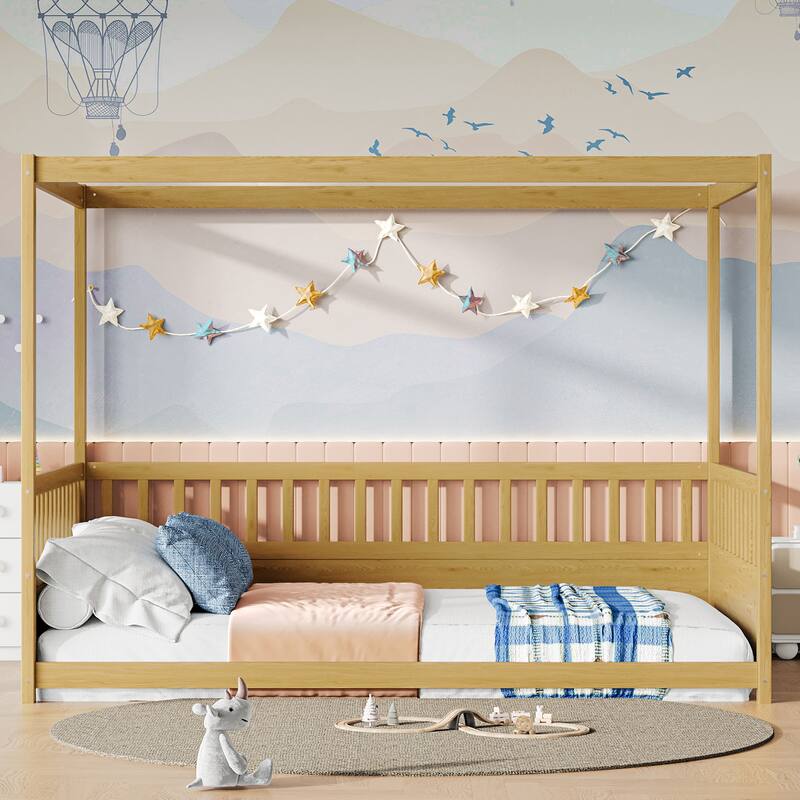 Canopy Bed Frame with Guardrails,Floor Bed with Four Poster Design