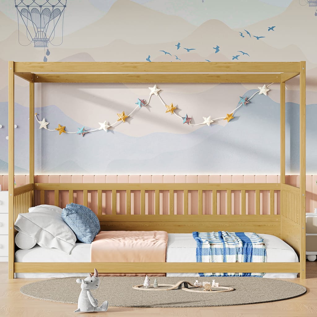 Full/Twin Size Canopy Bed Frame with Guardrails and Four Poster Design