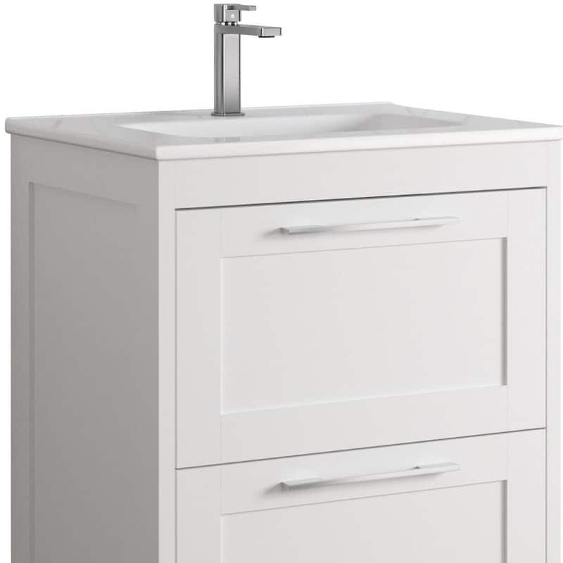 HomeRoots 24" White Wood Freestanding Bathroom Vanity With White Sink And Two Drawers - 24.00 in. x 35.06 in. x 17.75 in.