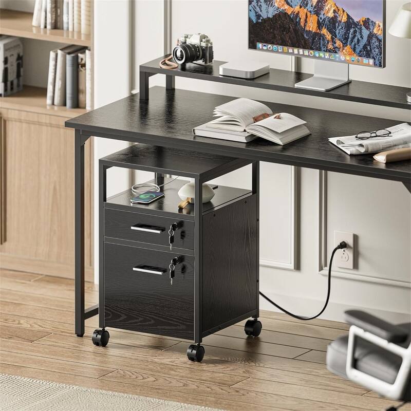 File Cabinet with Lock Charging Station 2 Drawers Rolling Filing Cabinet - 15.7"D x 15.7"W x 26"H