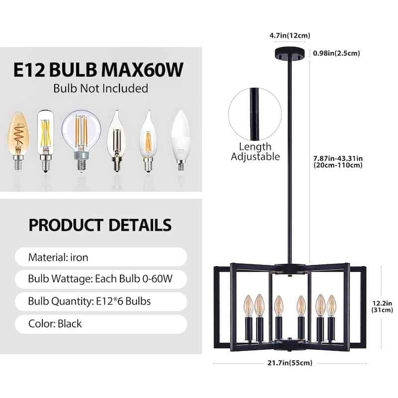 21" Modern Black Geometric 6-Light Chandelier-Industrial Metal Pendant Light Fixture