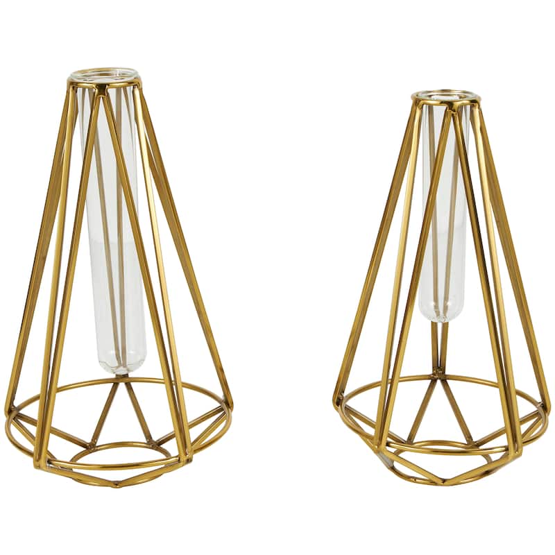 Stainless Steel Metal Geometric Test Tube Vase - Set of 2 Gold - Roche River Decor - 6"W x 6"L x 11"H