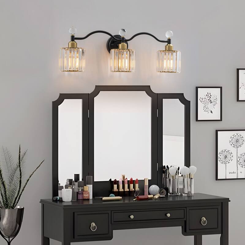 Starsky 3-Light Modern Crystal Bathroom Vanity Fixture with Ribbed Glass Shades and Sparkling Crystal Ball Accents