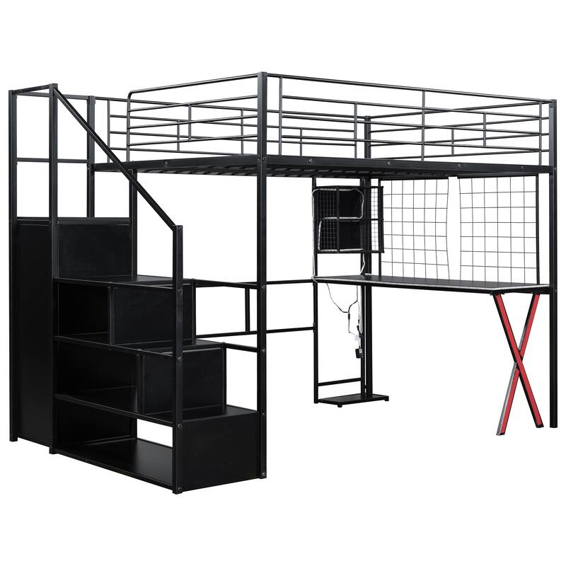 Full Size Metal Loft Bed With Built-In Work Station, Wardrobe, Storage Staircase And LED