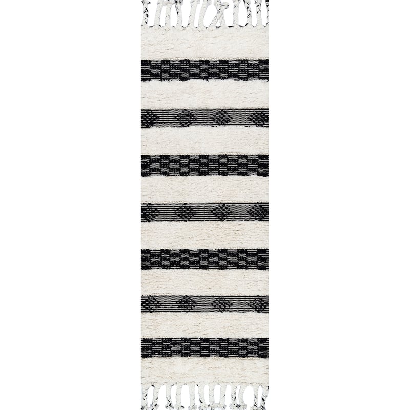 Nuloom Ivory Handmade Wool Cotton Geo Striped Shag Rug
