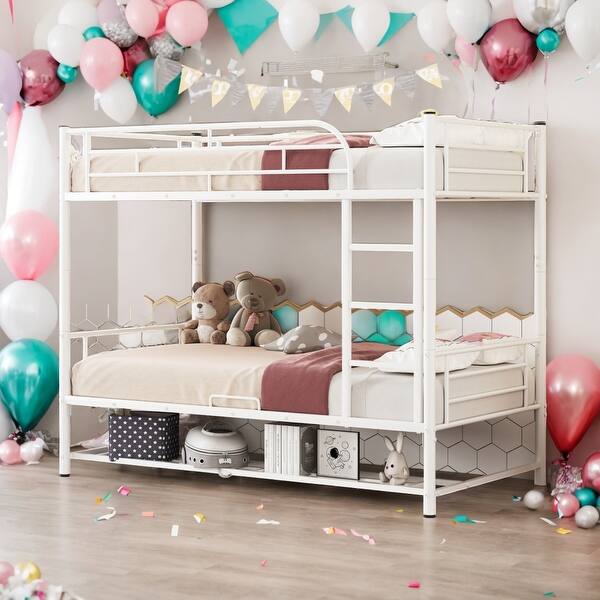slide 2 of 26, Twin Over Twin Metal Bunk Bed with Shelf and Guardrails,Maximized Space Separate into 2 Twin Beds,Beautiful Piece for Bedroom White