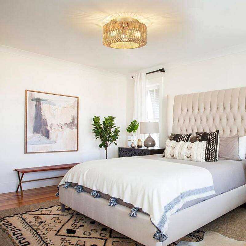 3-Light Rattan Ceiling Light Fixture, Flush Mount Ceiling Light with Hand-Woven Shade, Chandelier for Living Bedroom Entryway