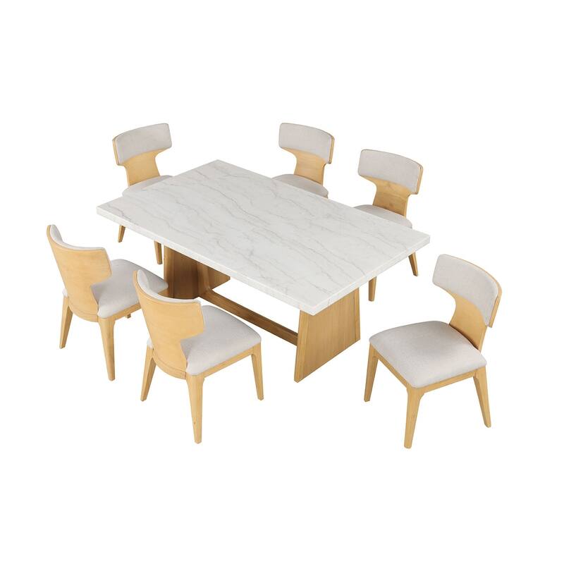 7pc Dining Set Modern Curved Design Table and Side Chairs Natural Finish