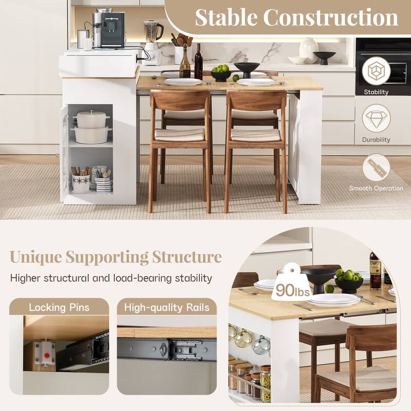 Extendable Dining Table with Folding Tabletop, Bar Table with Drawers and Power Outlet, Kitchen Island with Wheels and Hooks