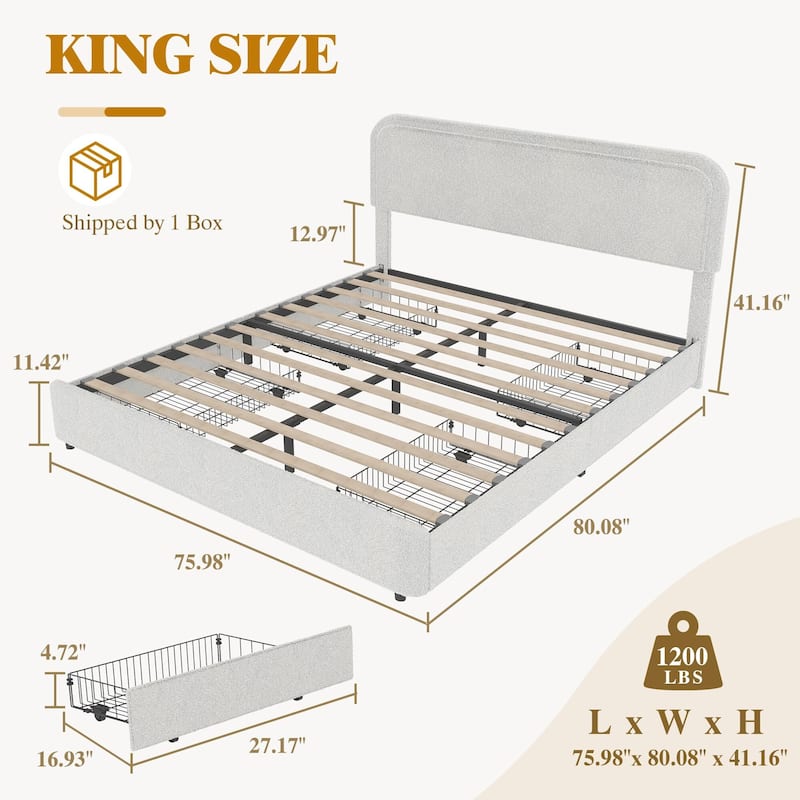 Boucle Upholstered Bed Frame, 2 Storage Drawers