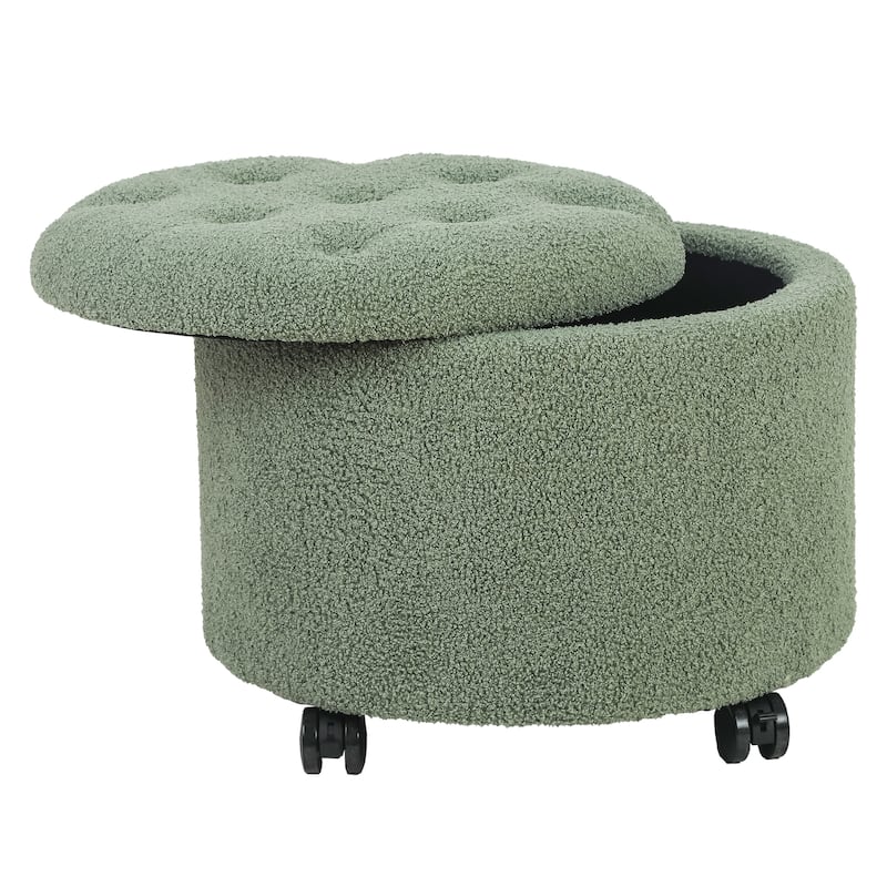 Adeco 20" Wide Button Tufted Round Storage Ottoman with Casters