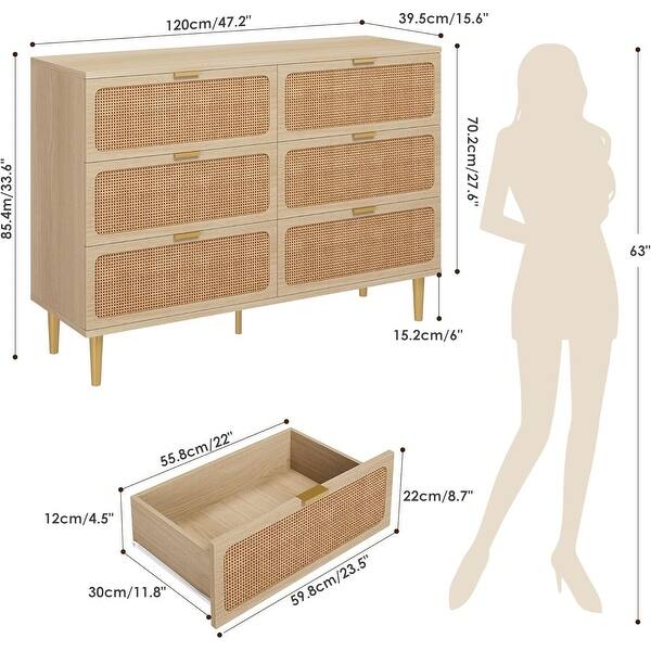 6 Drawer Dresser for Bedroom, Rattan Chest of Drawers