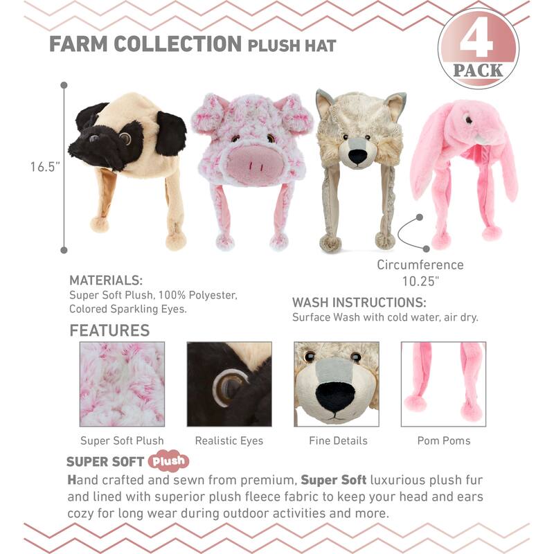 DolliBu Farm Plush Hats Set of 4 – Bunny, Wolf, Pug Dog, Pig Warm Hat - One Size