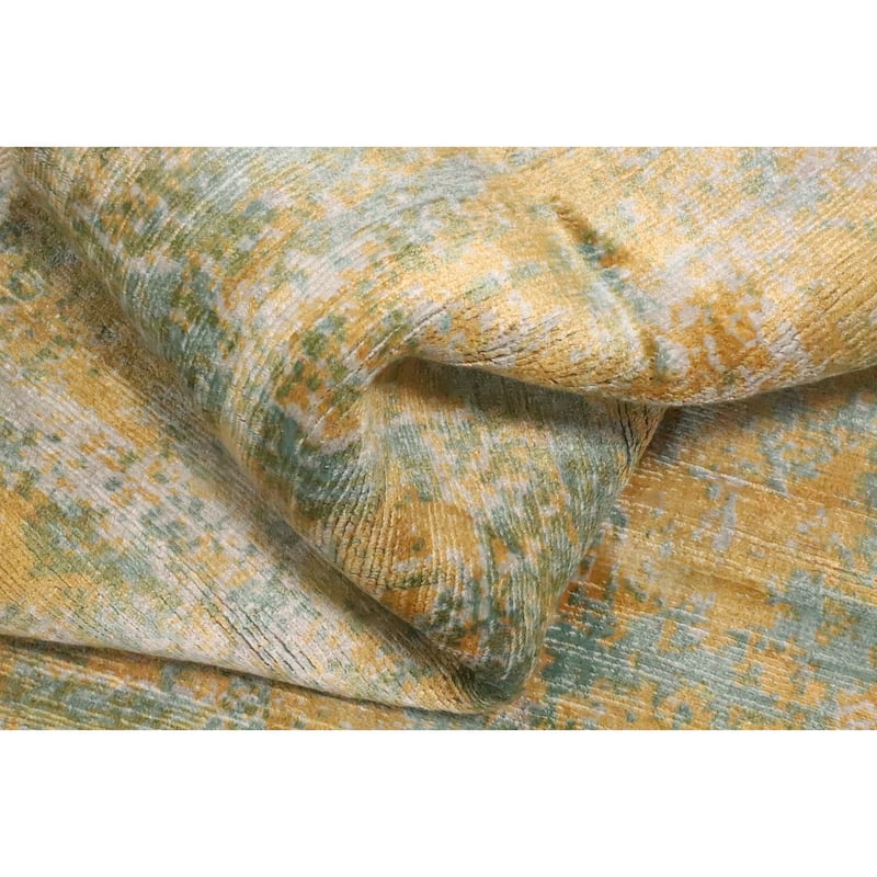 Hand Knotted Oriental Viscose Silk Carpet Modern Pictorial Yellow & Gold Abstract Area Rug - 6' 6'' X 4' 5''