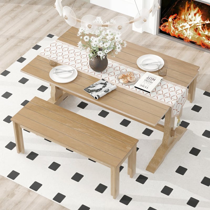 3-Piece Retro Dining Set - Rectangular Trestle Table with 2 Benches
