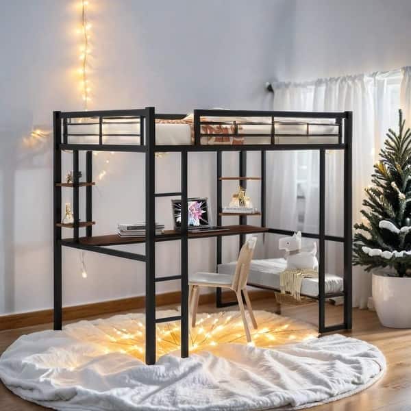 slide 2 of 14, Contemporary Design Full Size Loft Metal & MDF Bed with Long Desk and Shelves, Sturdy Construction & Safety Guaranteed, Black Black