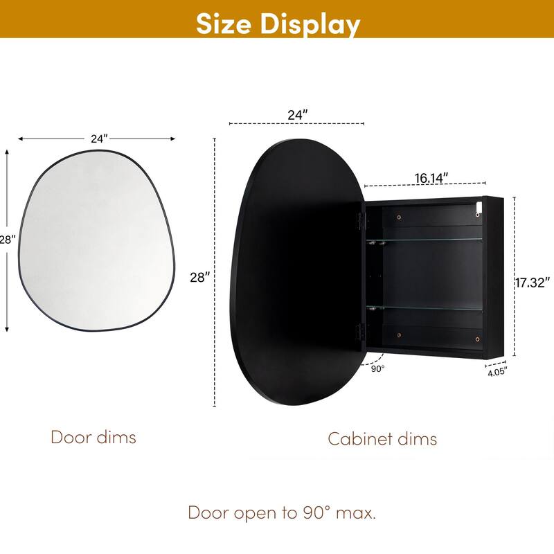 TEHOME Black Surface-Mount Bathroom Medicine Cabinet – Mirror, Irregular Glass, Adjustable Shelves, Fully Assembled - 24" x 28"
