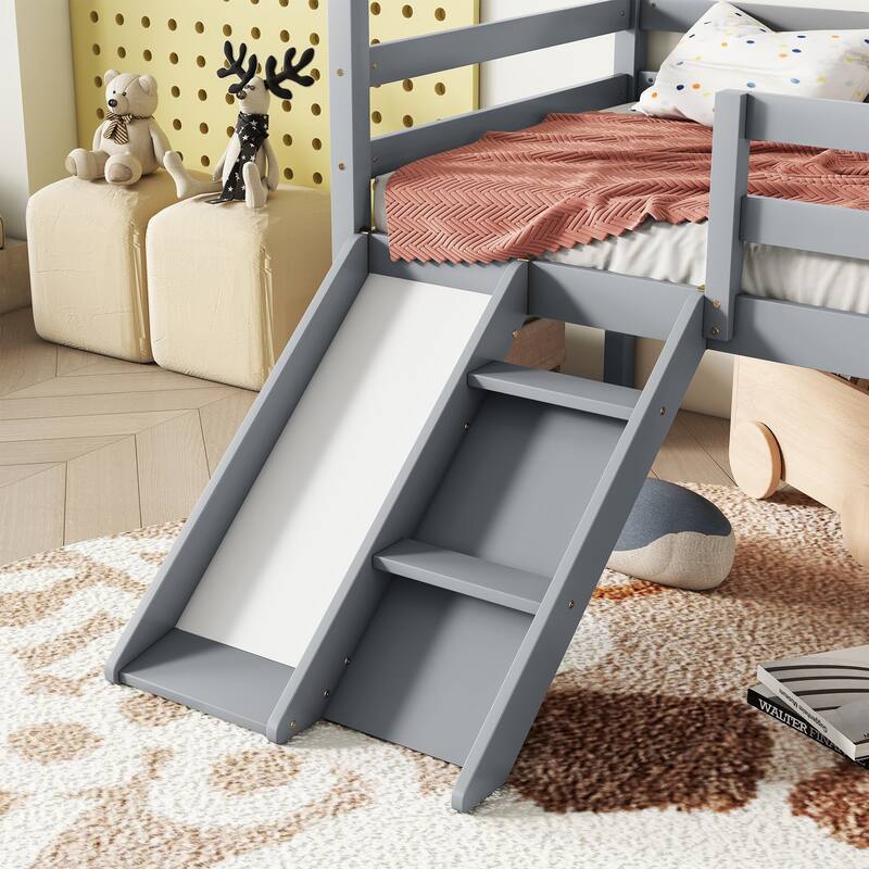 White Twin Low Loft House Bed with Slide, Ladder, Safety Guardrails, House Roof Frame