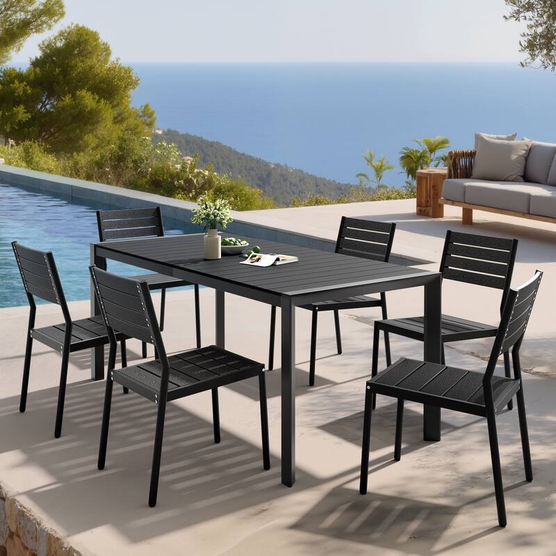 Set of 7 Outdoor Patio Dining Set WoodLike Table Top Aluminum Rectangular Umbrella Hole Table with Stackable Chairs - Black