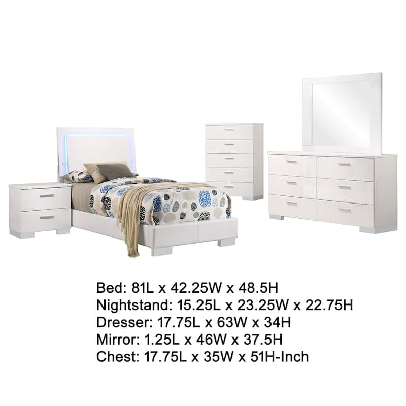 Sok 5pc Twin Bedroom Set with Blue LED Lights, White High Gloss Wood