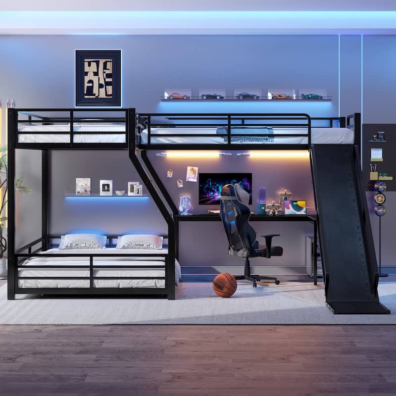 L Shaped Bunk Bed with Loft Bed, Heavy Duty Metal Triple Bunk Bed Frame for 3, Noise Free, L Shaped Desk with Charging Station - Black - Full