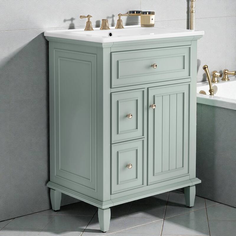 24" Bathroom Vanity with Sink, Flip Drawer & 2 Drawers, Solid Wood Frame, Adjustable Shelf, Ceramic Top