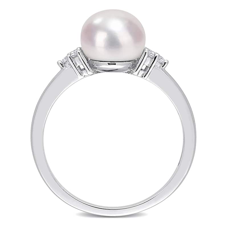 Miadora Sterling Silver Cultured Freshwater Pearl and Cubic Zirconia Ring (7.5-8mm)