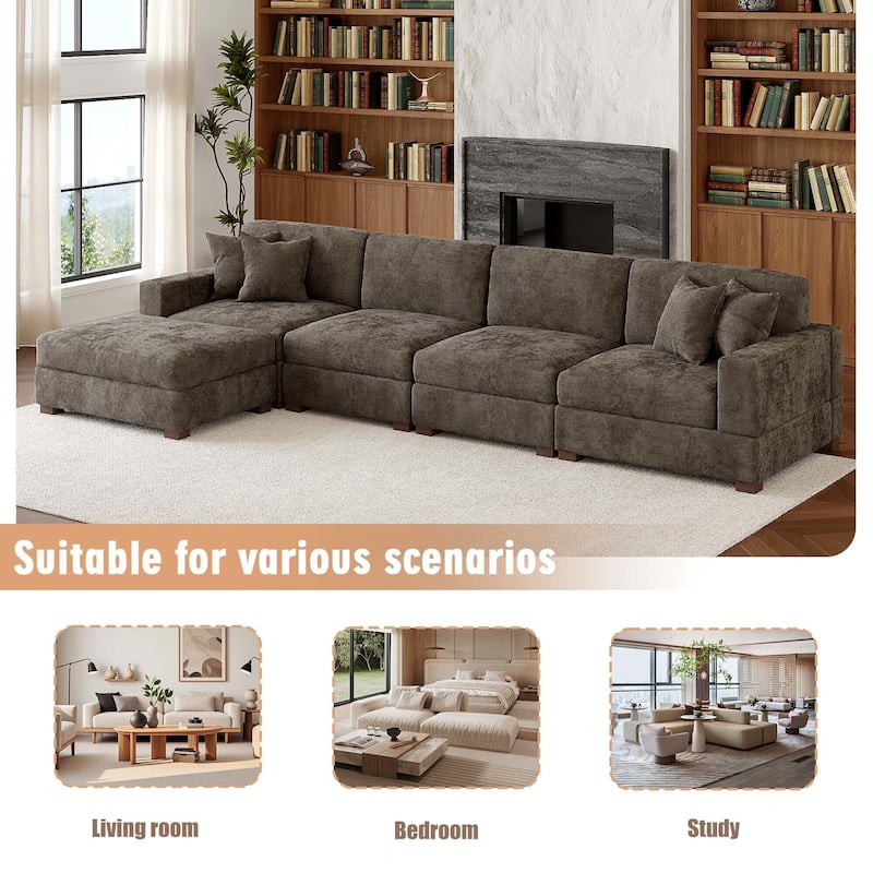 Oversized Chenille Modular Sectional Sofa Living Room Set with Ottoman
