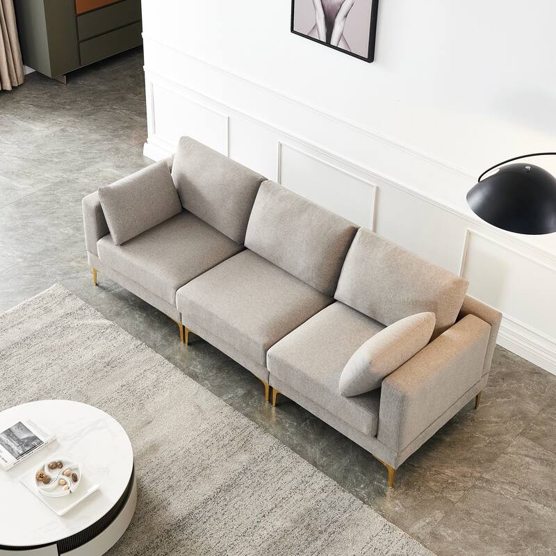 92'' Fabric L-Shape 3-Seater Sofa with Ottoman, Gold Metal Legs, and Toss Pillows