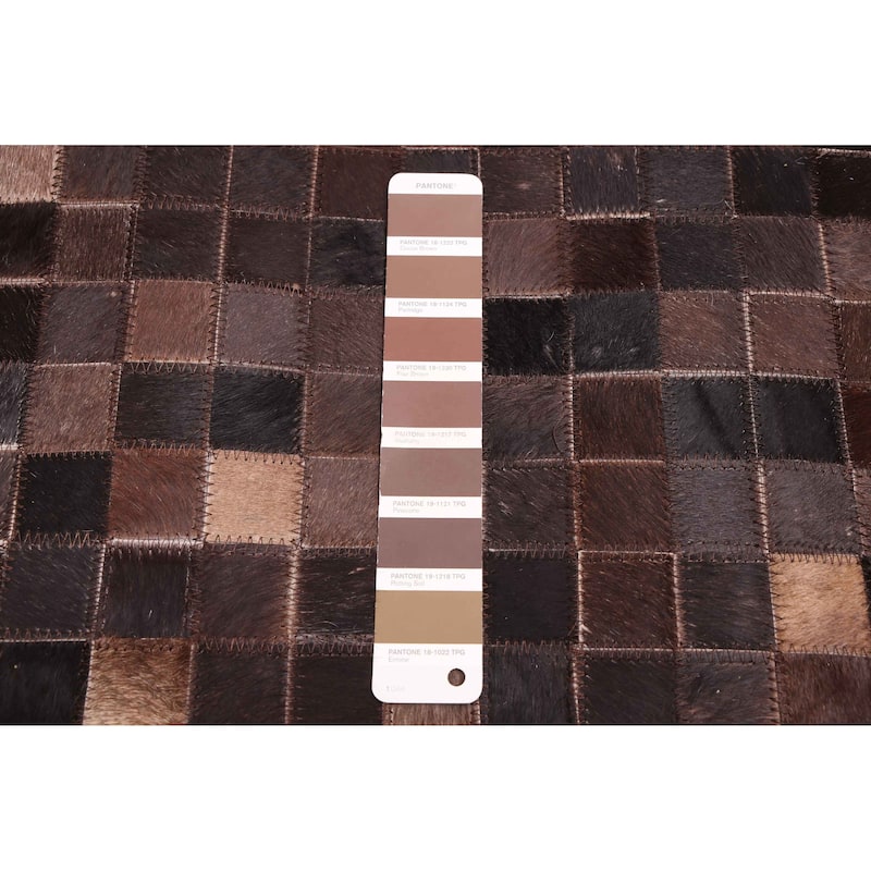 ECARPETGALLERY Handmade Cowhide Patchwork Dark Brown Leather Rug - 5'1 x 8'0