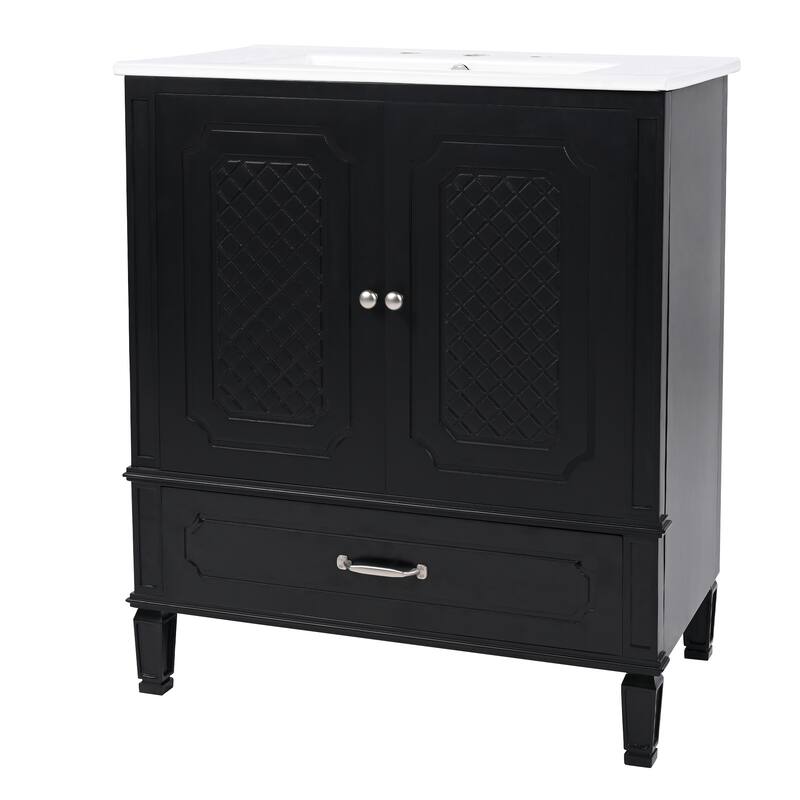 Roomfitters 30" Vintage Style Bathroom Vanity with Ceramic Sink, Customizable Storage Drawer and Soft-Close Door