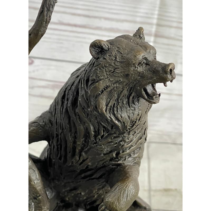 Bear Standing On Boulder Bronze Metal Statue Sculpture Figure On Marble Base