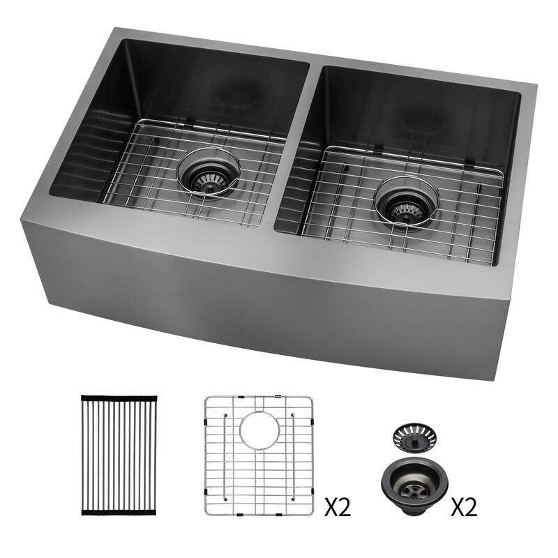 Farmhouse 16 Gauge Double Bowl Stainless Steel Kitchen Sink in Gunmetal Black