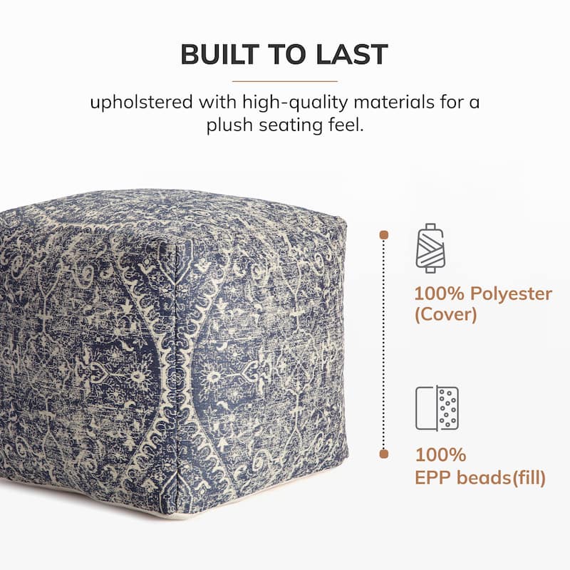 Jani Hanalei 20-inch Blue & Ivory Square Pouf Ottoman - Handmade Footrest for Living Room, Bedroom, Nursery, Kidsroom