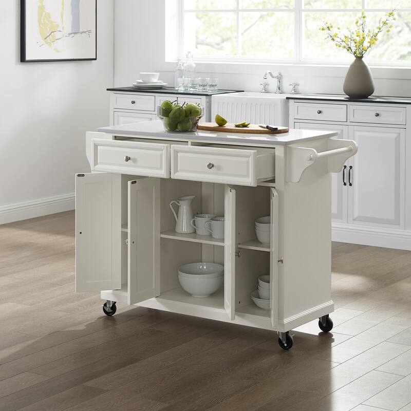 Kitchen Cart with Granite Top - Full Size Rolling Utility Island - Modern White Kitchen Storage
