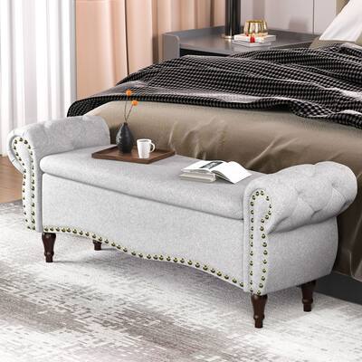 53 in Tufted Rolled Arm Storage Bench with Nailhead Trim