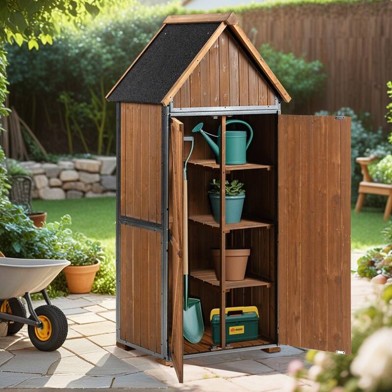 Outdoor Wood Storage Shed with Shelves, Metal Frame Outdoor Storage Cabinet with Waterproof, Horizontal Garden Tool Shed Storage - Brown