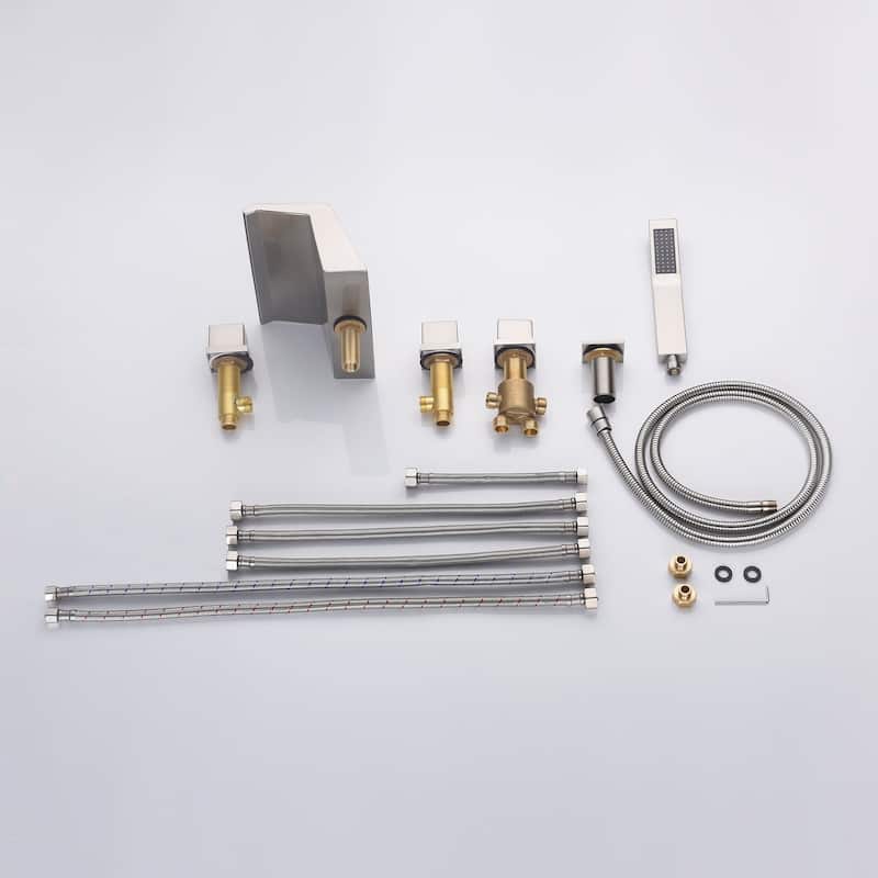 Waterfall Tub Filler Bathtub Faucet brushed nickel 5-Hole 3-Handle Solid Brass Bathroom Bath Tub Faucets - 9'6" x 13'6"