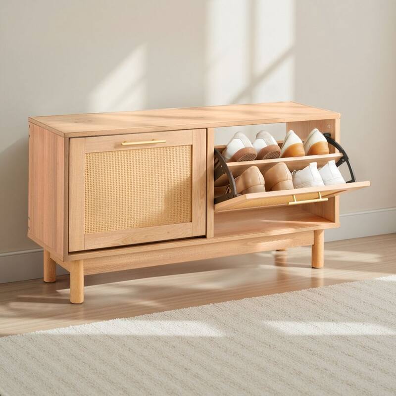 Flip Top Shoe Storage Bench Cabinet with Rattan Accent with Seating for Entryway or Hallway - 39.4” x 11.8” x 20.9”