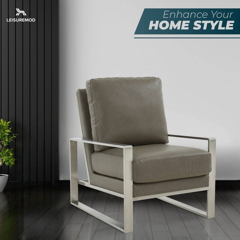 Jefferson Contemporary Leather Accent Armchair with Silver or Gold Frame, Removable Cushions, and Durable Spring-Supported Seat
