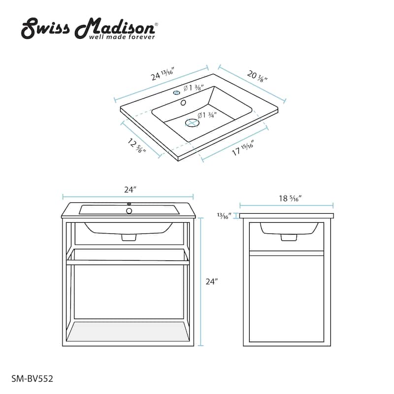 Swiss Madison Pierre 24" Single, Metal Frame, Open Shelf, Bathroom Vanity