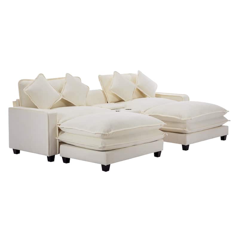 111" Beige Chenille Sectional Sofa with 2 Ottomans, 2 USB Ports, 2 Cup Holders & Storage