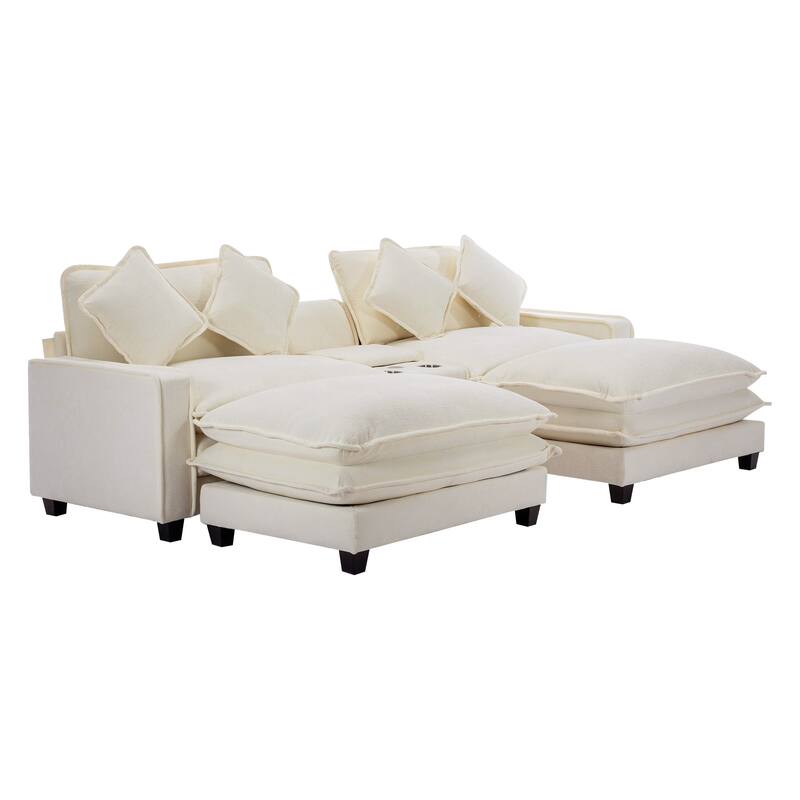111" Chenille Sectional Sofa with 2 Ottomans, USB Ports and Storage - 4-Seater and Pocket Spring Cushions Cup Holders