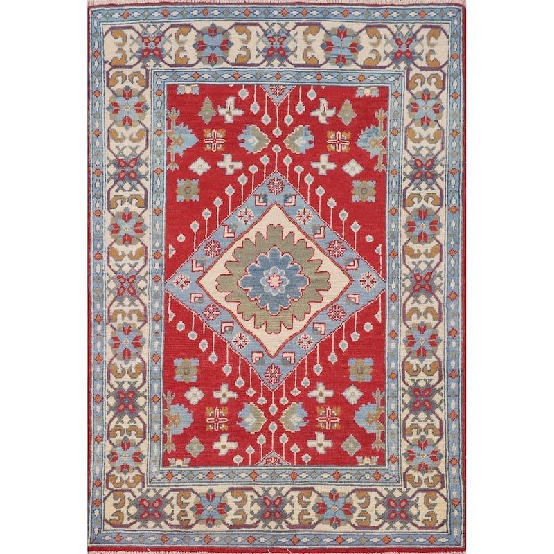 Geometric Red Kazak Foyer Rug Hand-Knotted Oriental Accent Wool Carpet - 3'2" x 4'9"