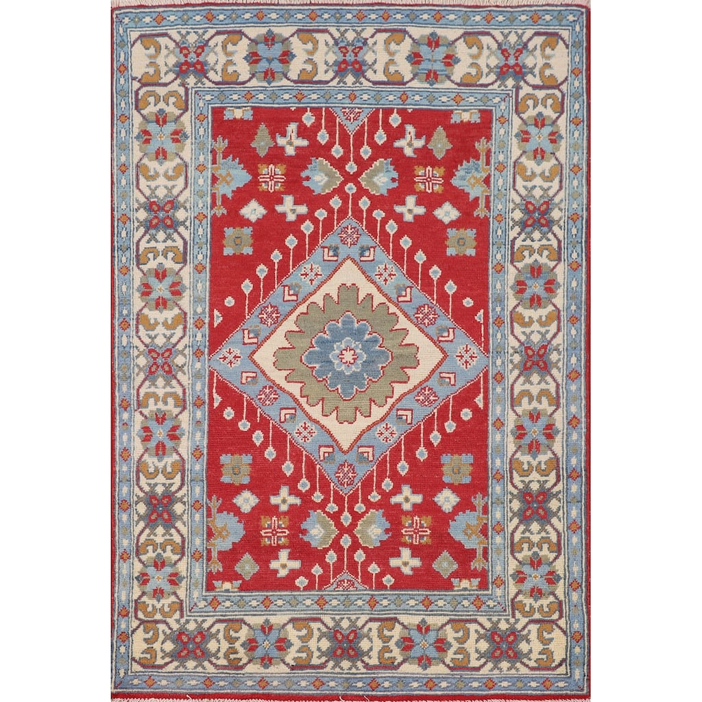 Geometric Red Kazak Foyer Rug Hand-Knotted Oriental Accent Wool Carpet - 3'2" x 4'9"