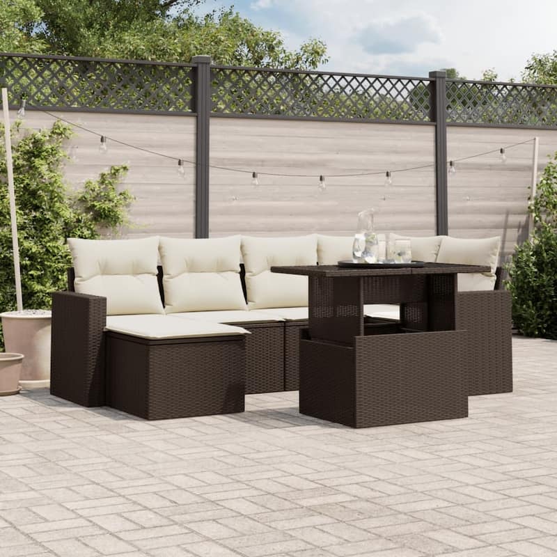 vidaXL Patio Sofa Set with Cushions Outdoor Furniture 7 Piece Poly Rattan - 21.7 x 39.4 x 28.7 - Brown and Cream-without storage