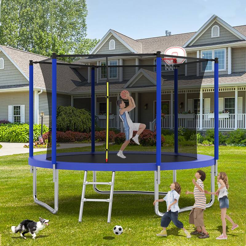 10FT Trampoline for Kids, Basketball Hoop and Ladder, Outdoor Kids Trampoline with Safety Enclosure for Backyard