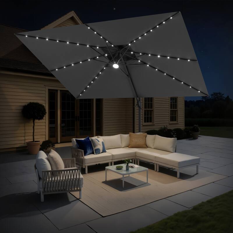 12 x 9 FT Outdoor Patio Cantilever Umbrella with Solar Lights Double Canopy 360 Rotation Tilt - Dark Grey
