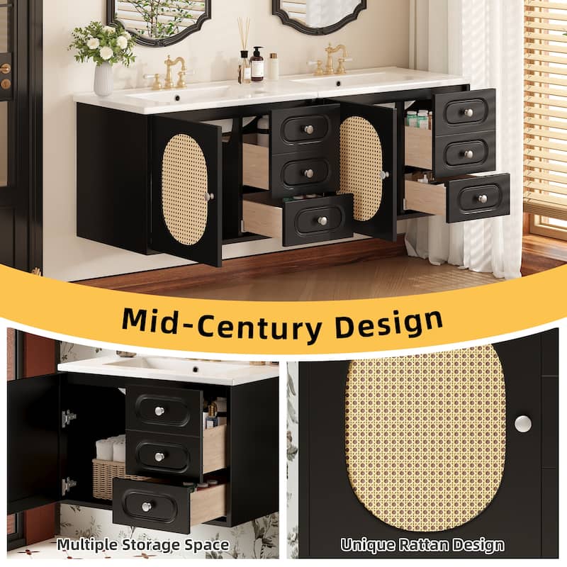 30 Inch Bathroom Vanity with Sink, Rattan Drawer Fronts, Ceramic Basin, Black MDF Cabinet, 2 Drawers